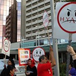 Striking workers picket this morning at the Hyatt Regency O'Hare in Rosemont. (Alex Garcia/Tribune)