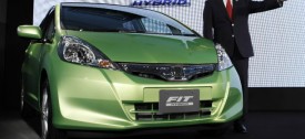 Honda CEO Takanobu Ito poses next to the company's all-new Fit Hybrid car during its unveiling in Tokyo Oct. 8, 2010. (Reuters/Issei Kato)