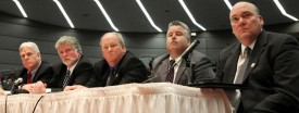 In this photo from April 7, 2010, McCormick Place union representatives, including John T. Coli of the Teamsters, far right, testify in front of the Joint Committee on the Metropolitan Pier & Exposition Authority. (Nancy Stone/Chicago Tribune)