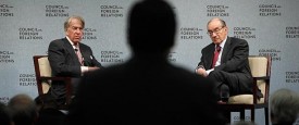 Former Federal Reserve Bank Chairman Alan Greenspan, right takes a questions from the audience about his recent publication, "Activism," with Council of Foreign Relations Chairman and CEO Roger Altman. (Chip Somodevilla/Getty)